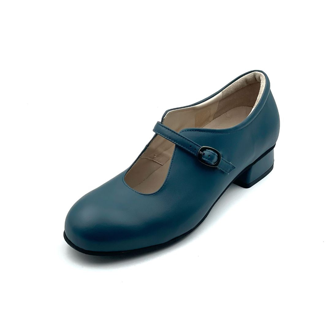 ballerina in pelle color ottanio con cinturino e tacco comodo