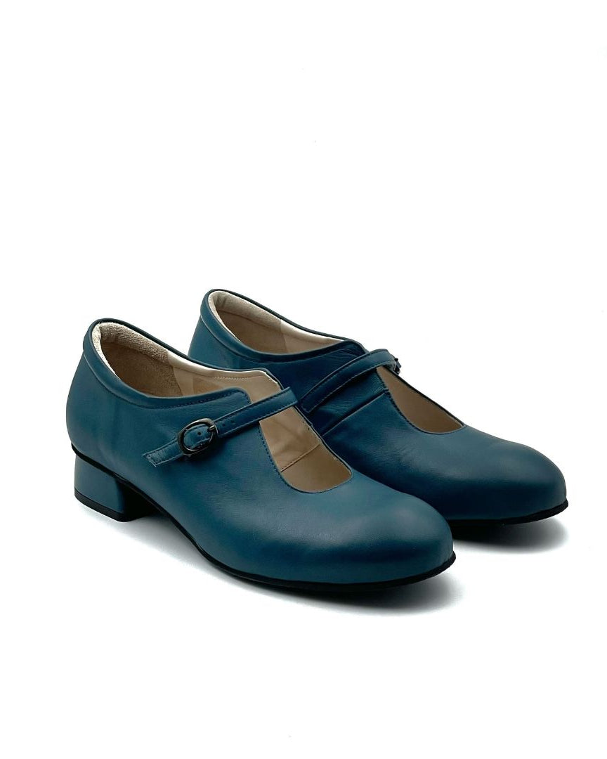 scarpe donna con tacco basso e cinturino in pelle ottanio