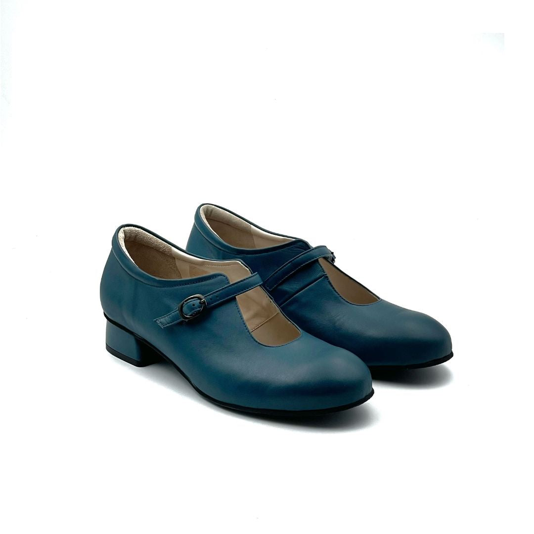 scarpe donna con tacco basso e cinturino in pelle ottanio