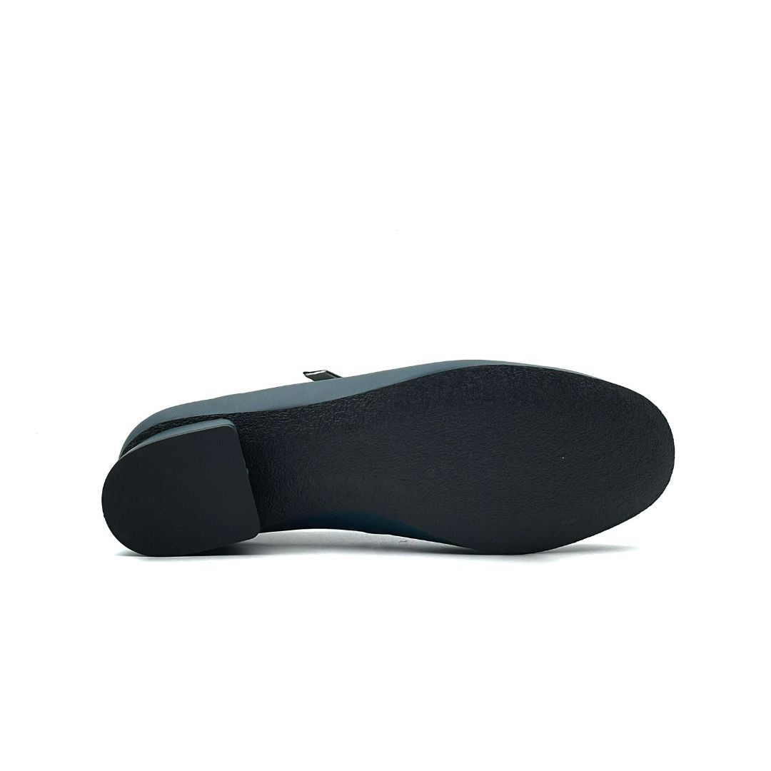 ballerine inpelle di vitello ottanio con tacco alto tre centimetri