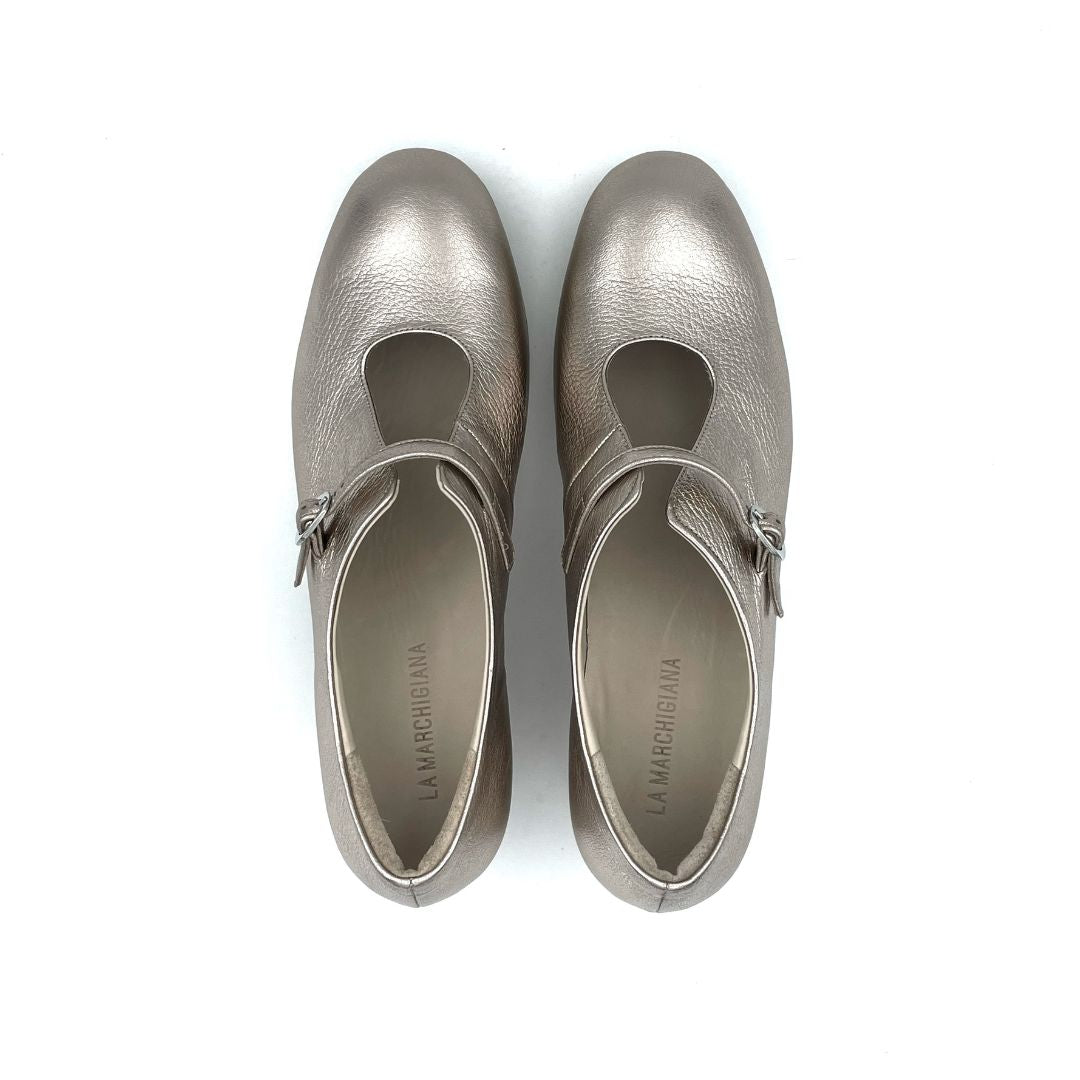 scarpe donna con tacco basso in color platino per le feste